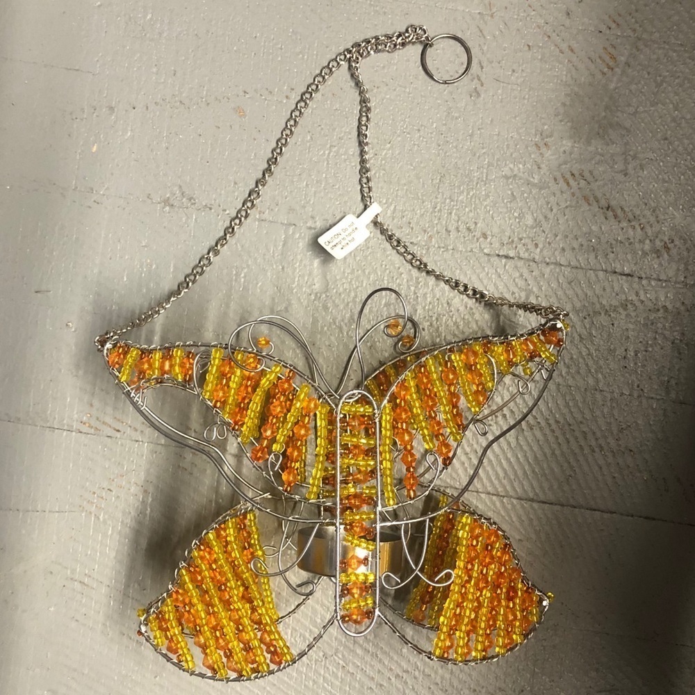 Vintage Pier 1 Orange & Yellow Beaded Butterfly Tea Light Hanging Garden Lantern
